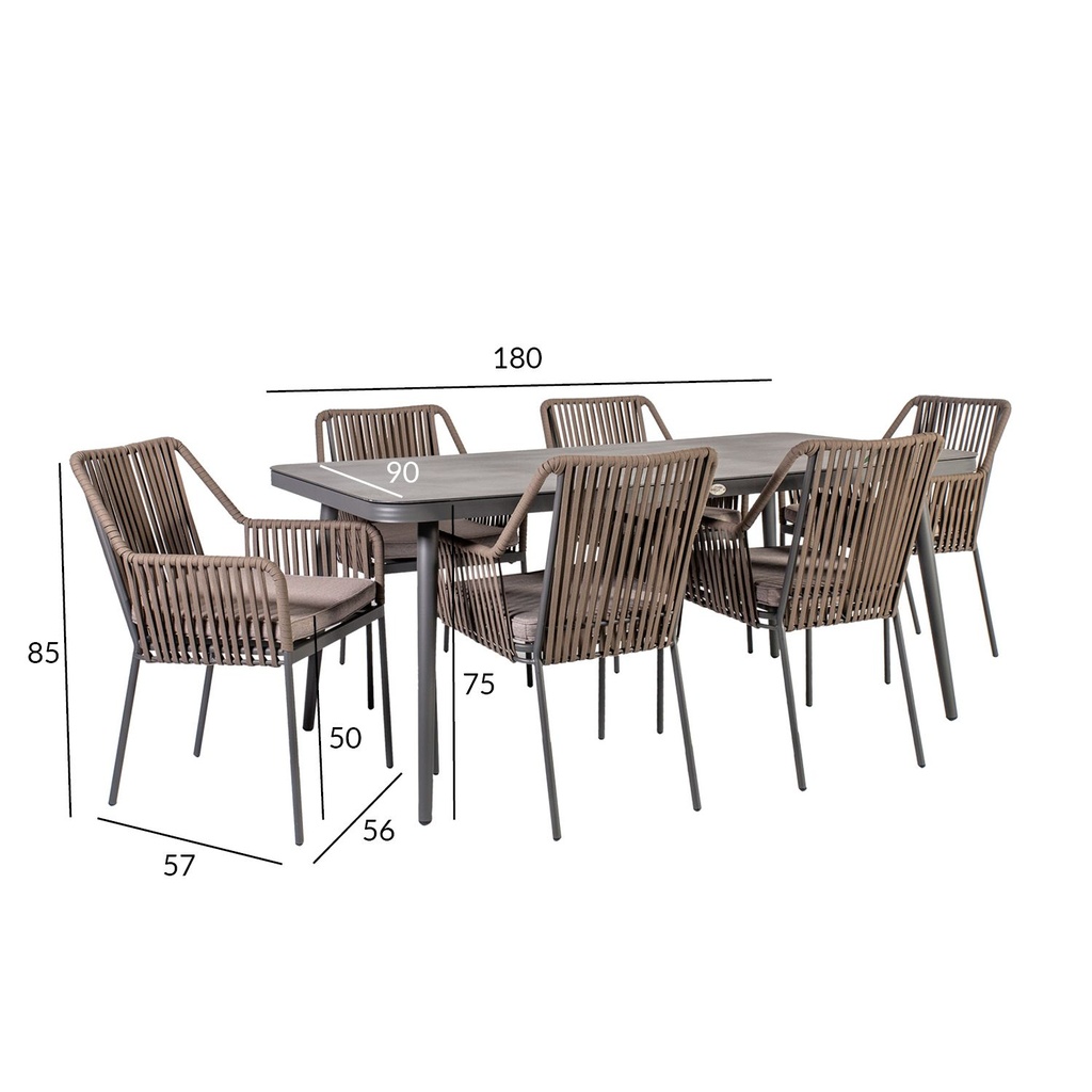 Ruokailuryhmä ANDROS puutarhaan, pöytä + 6 tuolia, alurunko polyrottingilla, harmaa/taupe