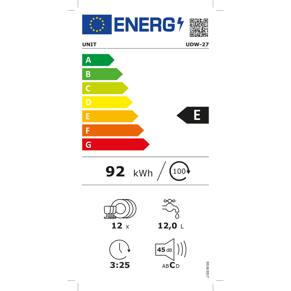 Unit	UDW-27 astianpesukone 60cm, Energialuokka E