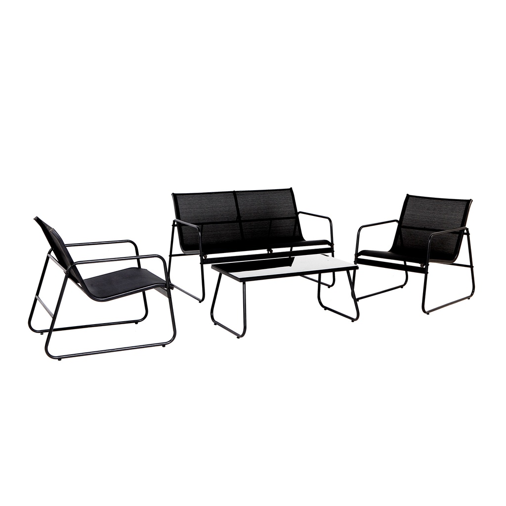 Puutarharyhmä AIRY penkki + 2 tuolia + pöytä, teräsrunko textilinella, lasilevy, musta