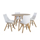 Ruokailuryhmä HELENA pöytä + 4 tuolia, tammea/muovia, viilutettu, valkoinen/ruskea