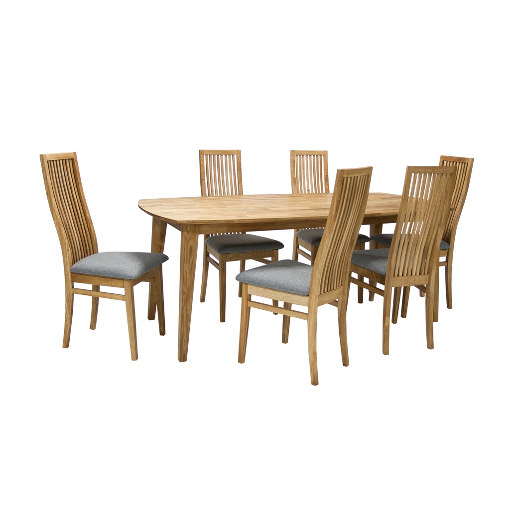 Ruokailuryhmä RETRO pöytä + 6 tuolia, tammirunko, kangasverhoilu, beige