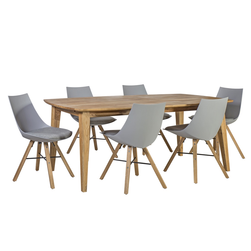 Ruokailuryhmä RETRO pöytä + 6 tuolia, tammirunko, kangasverhoilu, tammijalat tuella, vaaleanharmaa
