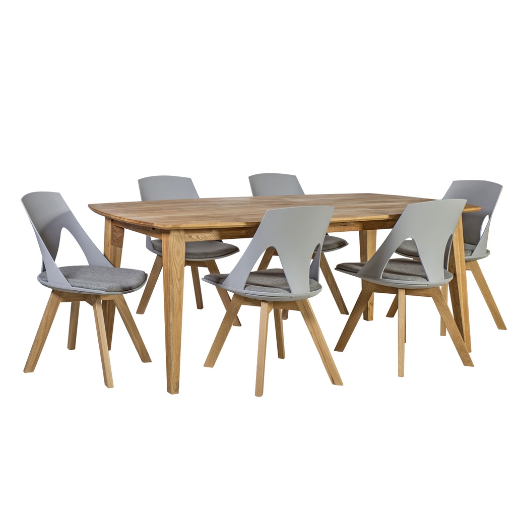 Ruokailuryhmä RETRO pöytä + 6 tuolia, tammirunko, kangasverhoilu, tammijalat, vaaleanharmaa