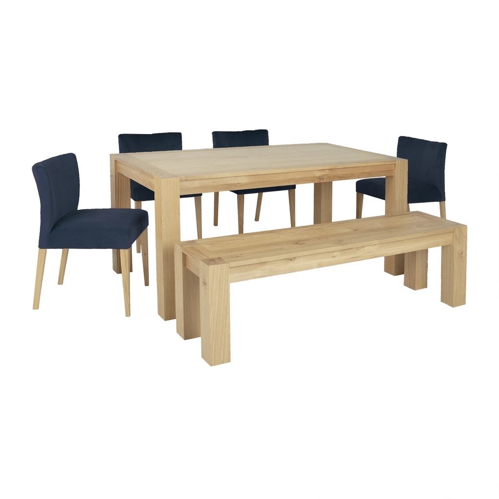Ruokailuryhmä TURIN pöytä + 4 tuolia ja penkki, tammirunko, samettiverhoilu, tummansininen