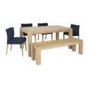 Ruokailuryhmä TURIN pöytä + 4 tuolia ja penkki, tammirunko, samettiverhoilu, tummansininen