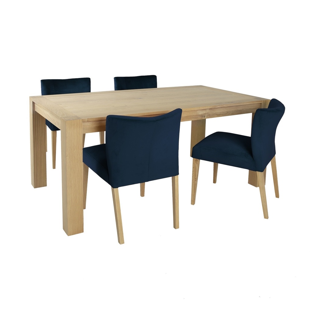 Ruokailuryhmä TURIN pöytä + 4 tuolia, tammirunko, samettiverhoilu, tummansininen