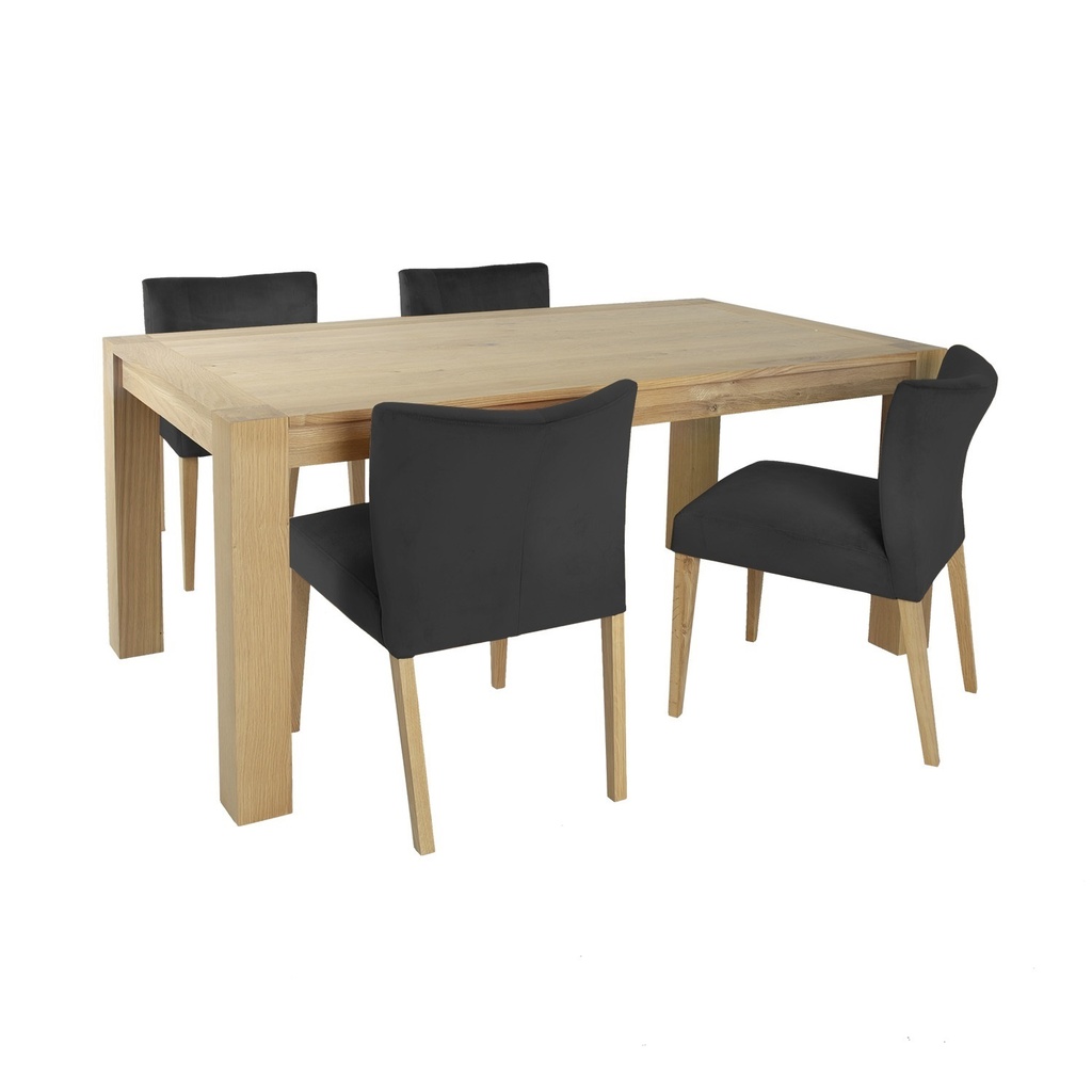 Ruokailuryhmä TURIN pöytä + 4 tuolia, tammirunko, samettiverhoilu, tummanharmaa