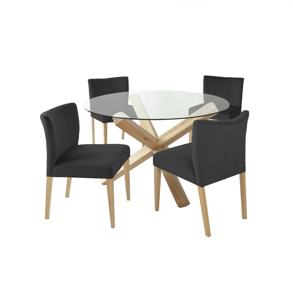 Ruokailuryhmä TURIN pöytä + 4 tuolia, tammirunko, lasikansi, tummanharmaa