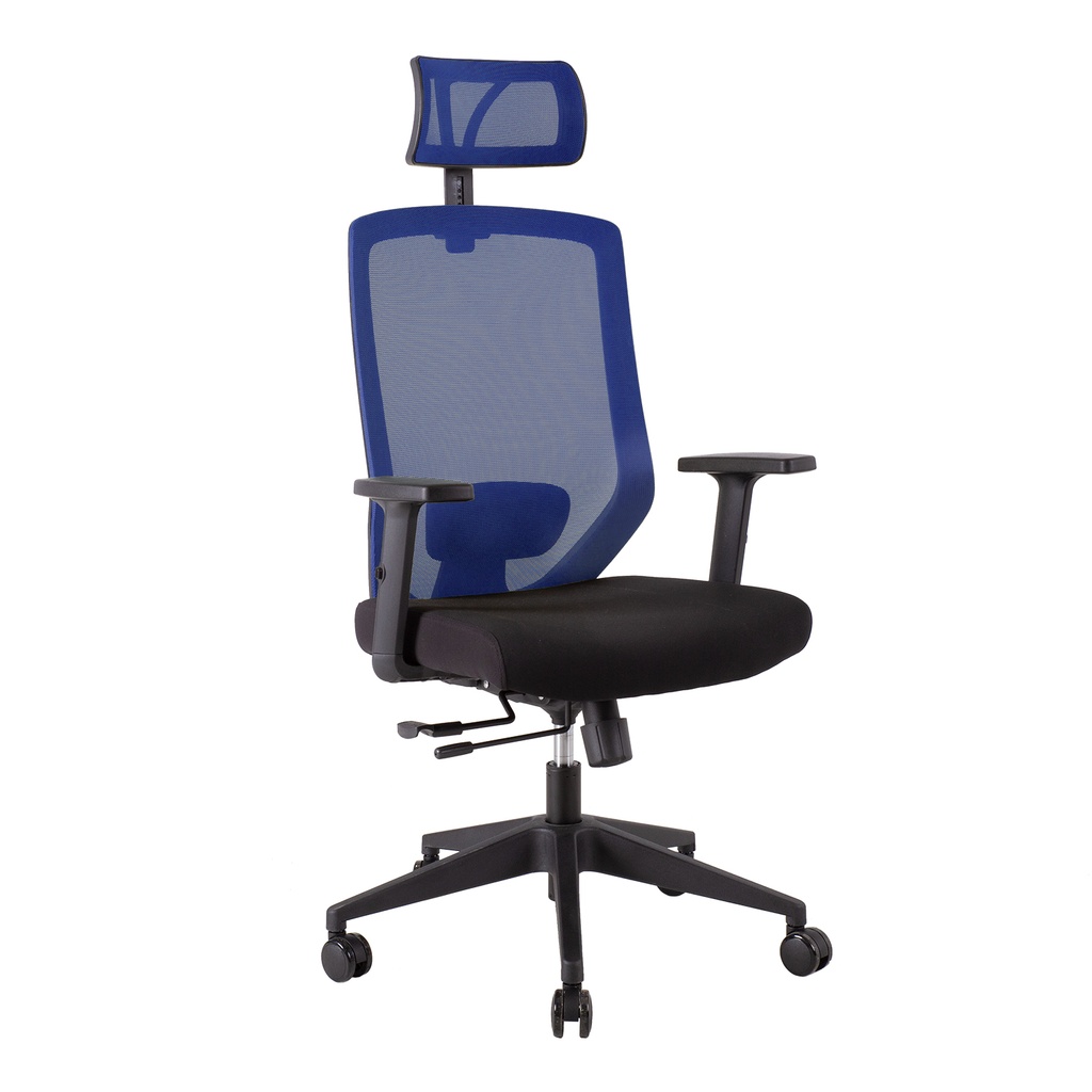 Työtuoli JOY, ergonominen selkänoja, monipuoliset säädöt, kangas / verkkokangas, musta/sininen
