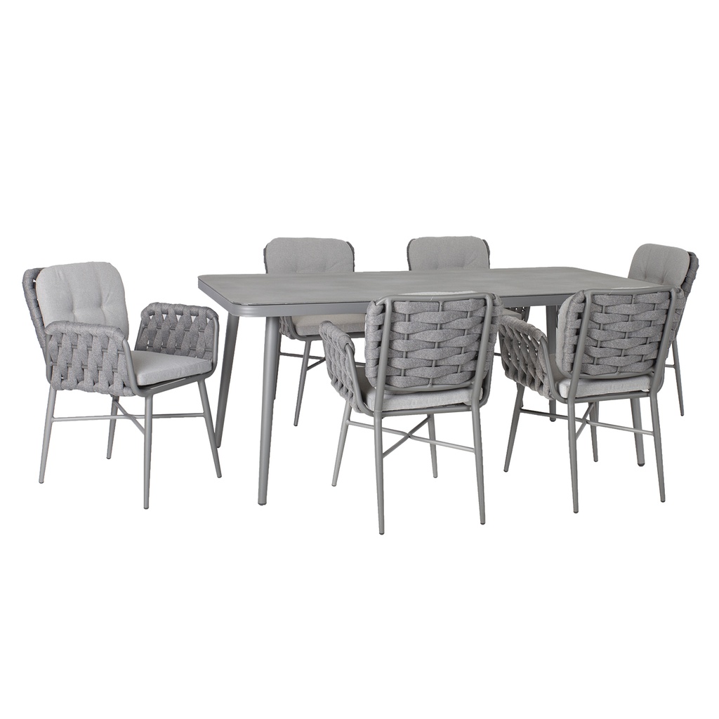 Ruokailuryhmä ASCONA puutarhaan, pöytä + 6 tuolia, alurunko tekstiiliverhoilulla, harmaa