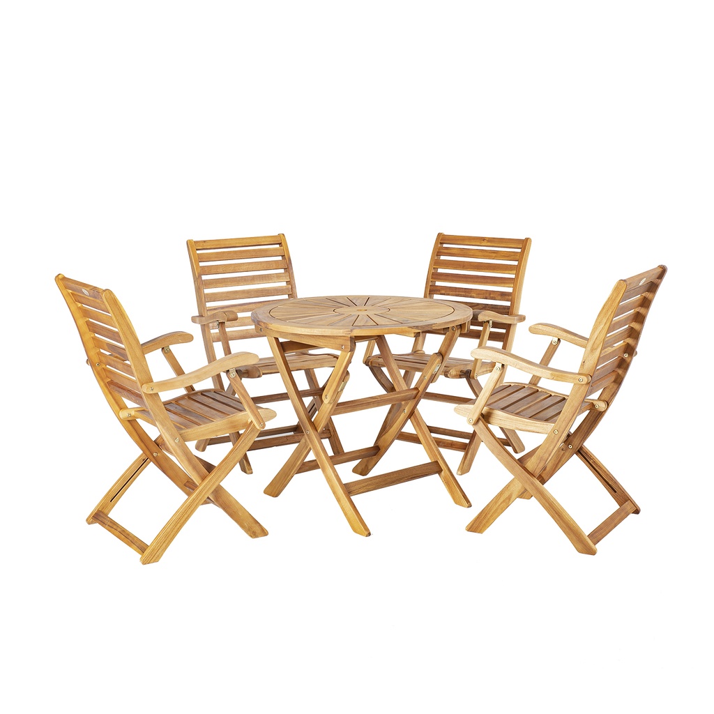 Ruokailuryhmä CHERRY puutarhaan, pöytä + 4 tuolia käsinojilla, akaasiarunko, taitettava, vaaleanruskea