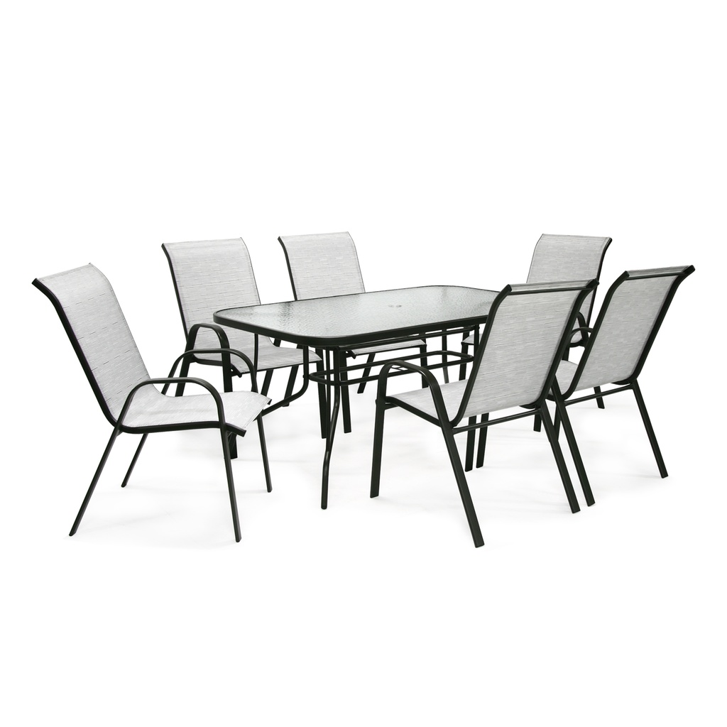 Ruokailuryhmä DUBLIN puutarhaan, pöytä + 6 tuolia, teräsrunko tekstiiliverhoilulla, harmaa
