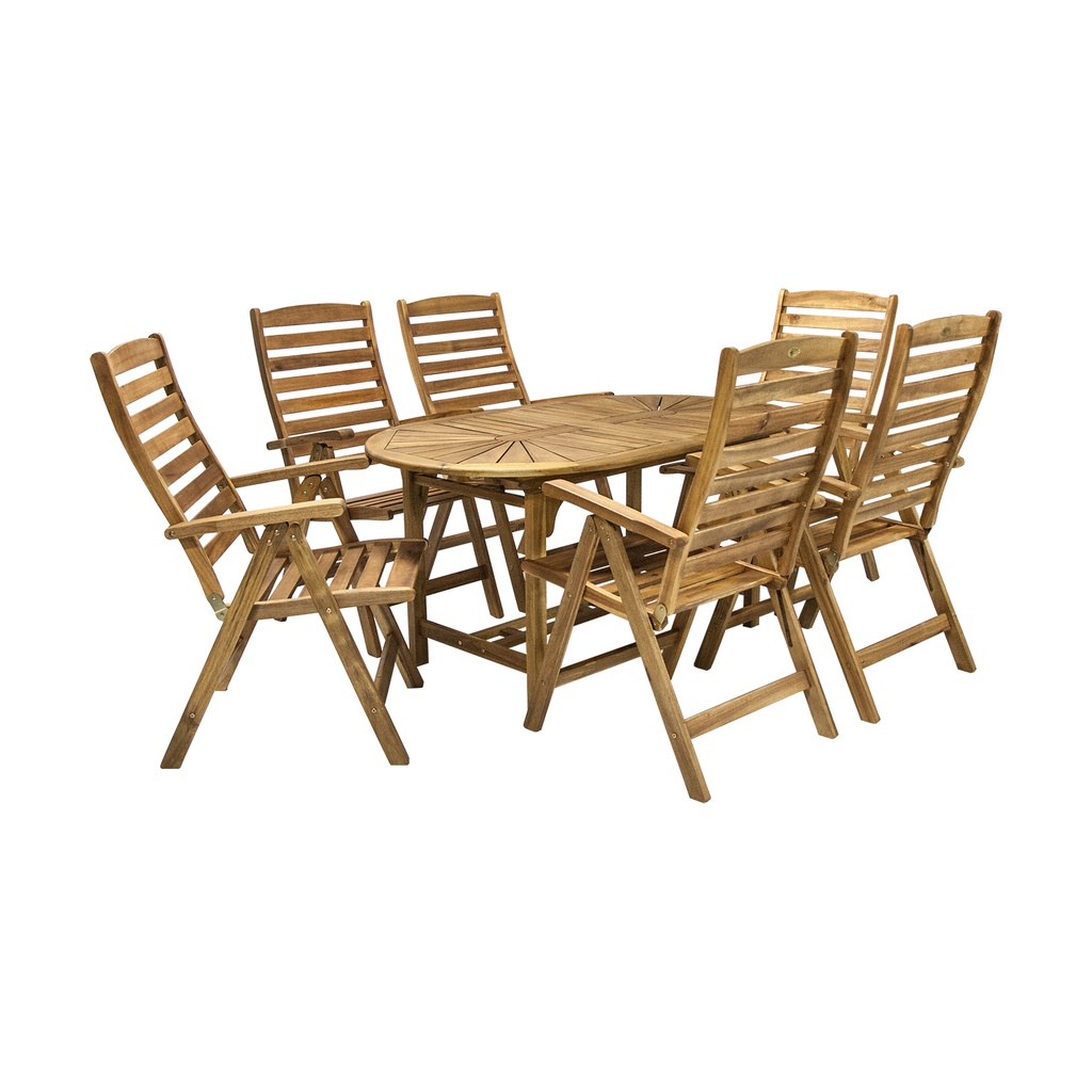 Ruokailuryhmä FINLAY puutarhaan, pöytä + 6 tuolia, akaasiarunko, laajennettava, vaaleanruskea
