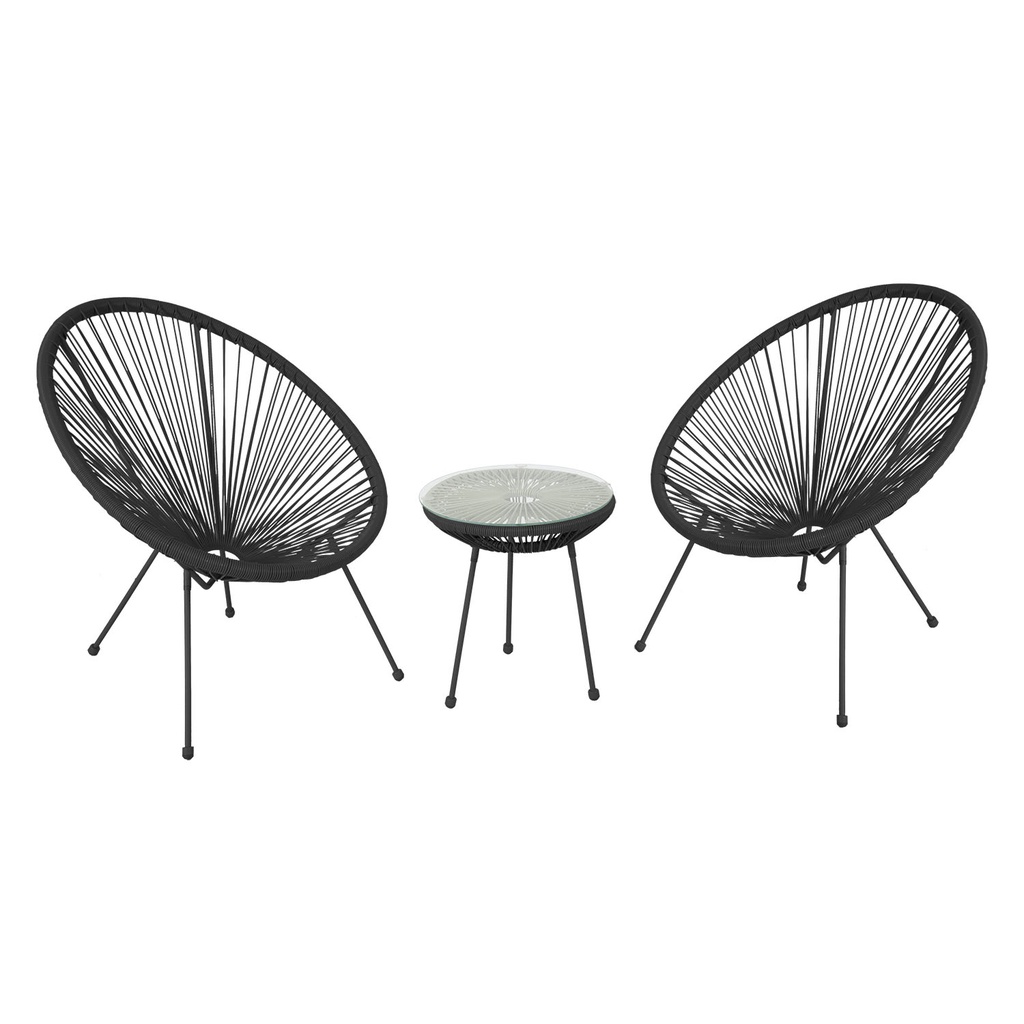 Parvekesetti COMO pöytä + 2 tuolia, teräsrunko polyrottingilla, lasikansi, musta