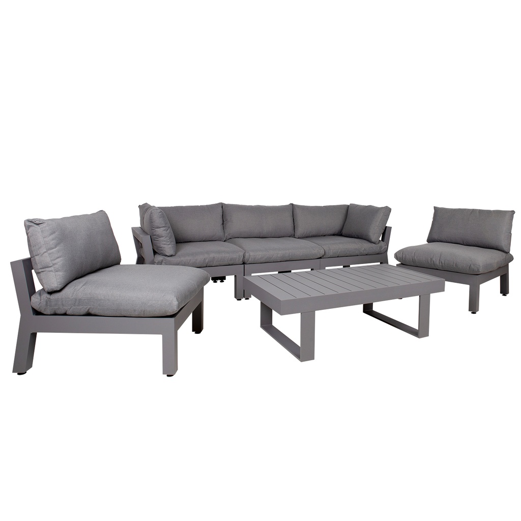 Puutarharyhmä FLUFFY sohva + 2 tuolia + pöytä, alurunko, kangasverhoilu, tummanharmaa