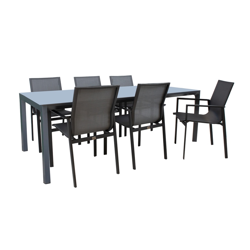 Ruokailuryhmä AMALFI puutarhaan  pöytä + 6 tuolia, alurunko textilinella, harmaa