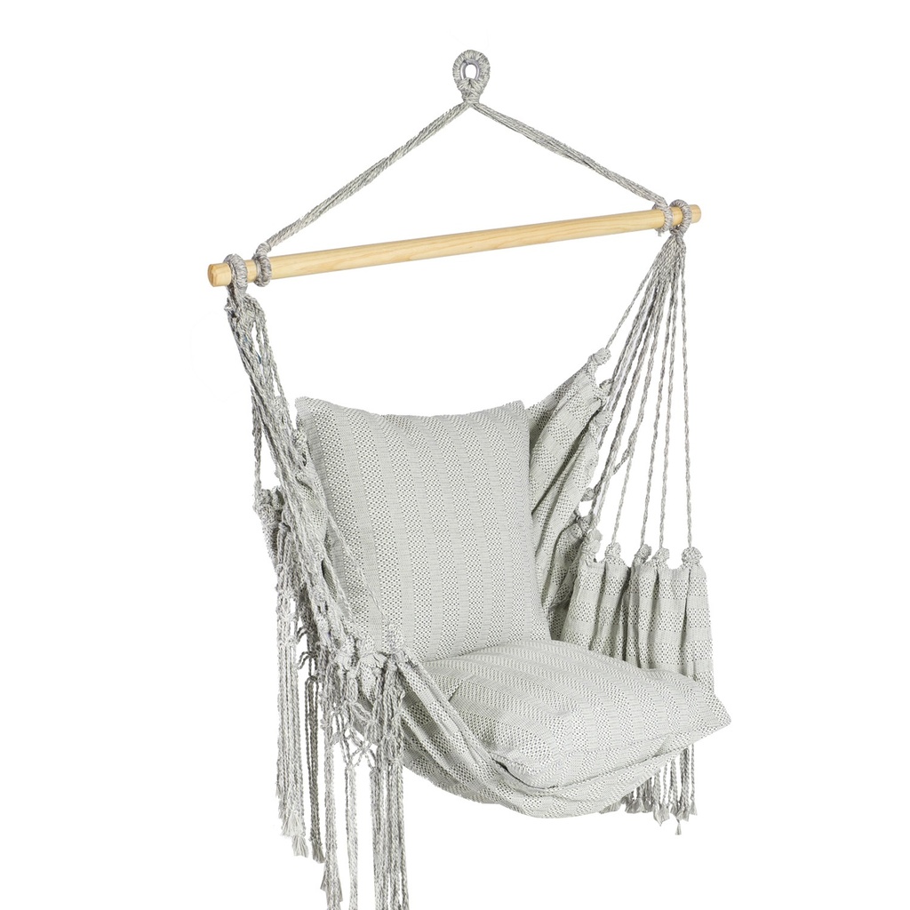 Riipputuoli LAZY GREY 2 tyynyllä, käsinkudottu puuvilla, puurima