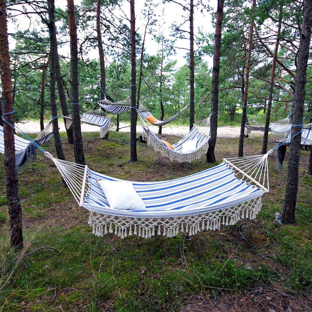 Riippumatto ROMANCE päätypuilla, puuvillaa, sininen/harmaa