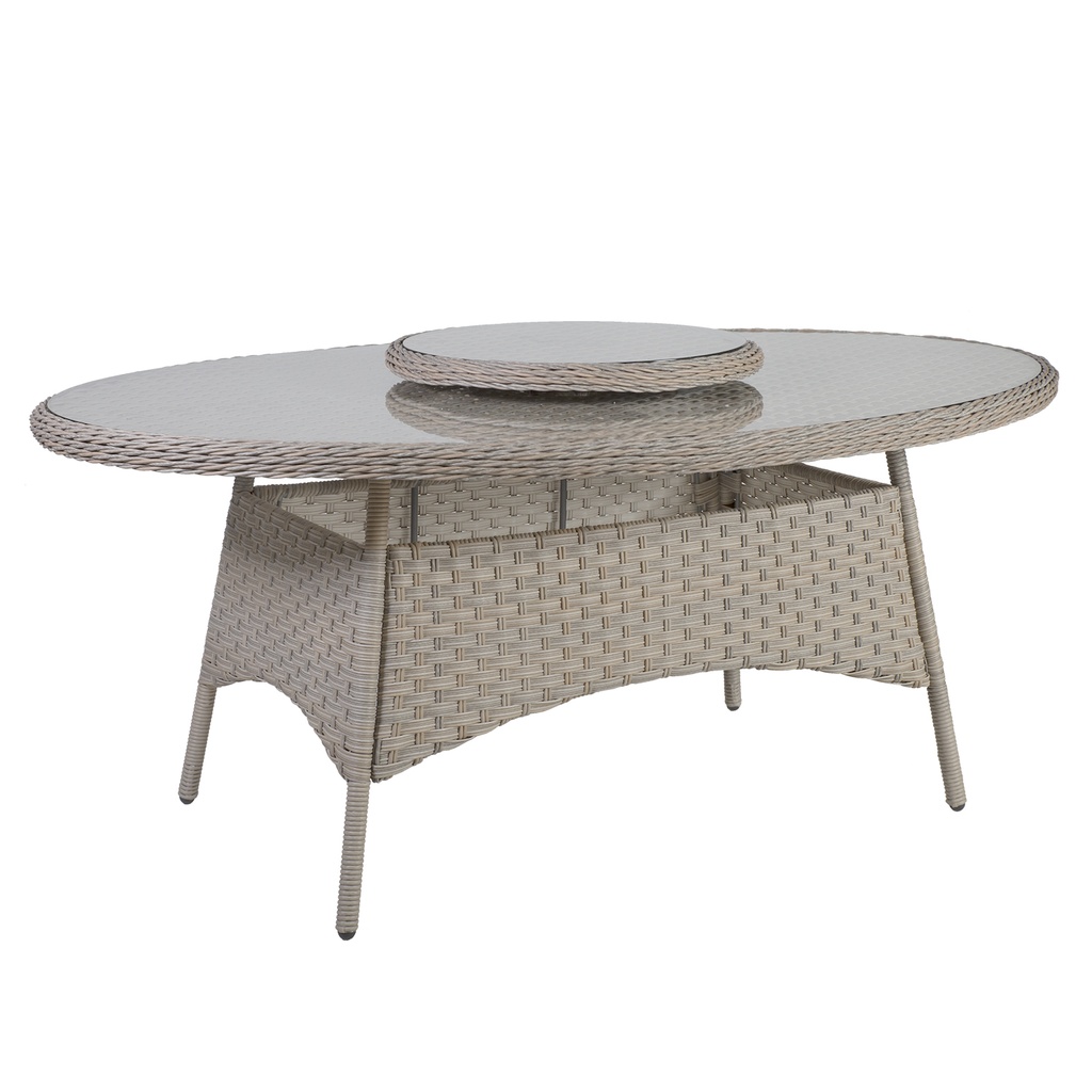 Pöytä PACIFIC ovaali180x120cm, tarjoilualustalla, alurunko polyrottingilla, lasikansi, taupe