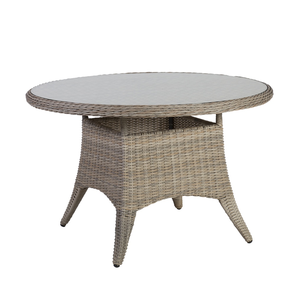 Puutarhapöytä PACIFIC pyöreä 120cm, alurunko polyrottingilla, pöytälevy lasia, harmaa/beige