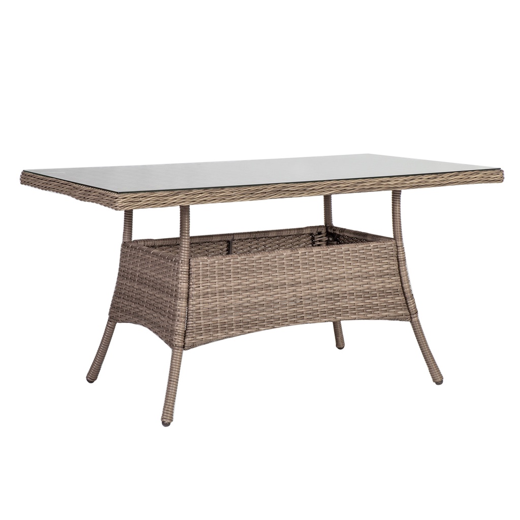 Puutarhapöytä TOSCANA 140x80xK73cm, alurunko polyrottingilla, pöytälevy lasia, harmaa/beige