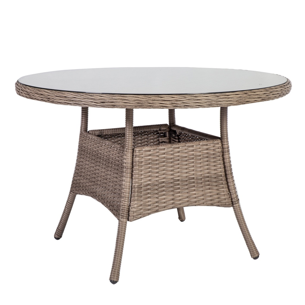 Puutarhapöytä TOSCANA pyöreä 110cm, alurunko polyrottingilla, pöytälevy lasia, harmaa/beige