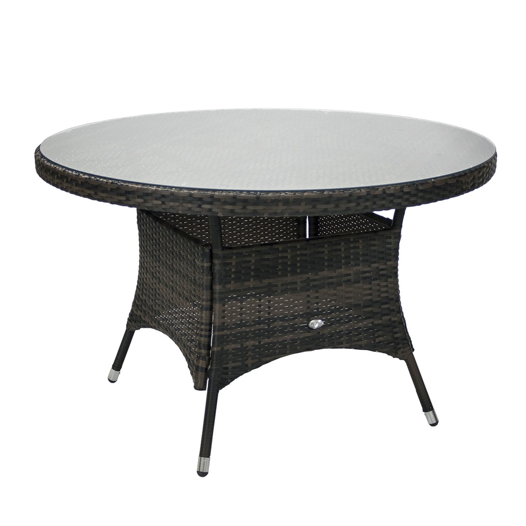 Puutarhapöytä WICKER pyöreä 120cm, alurunko polyrottingilla, pöytälevy lasia, tummanruskea