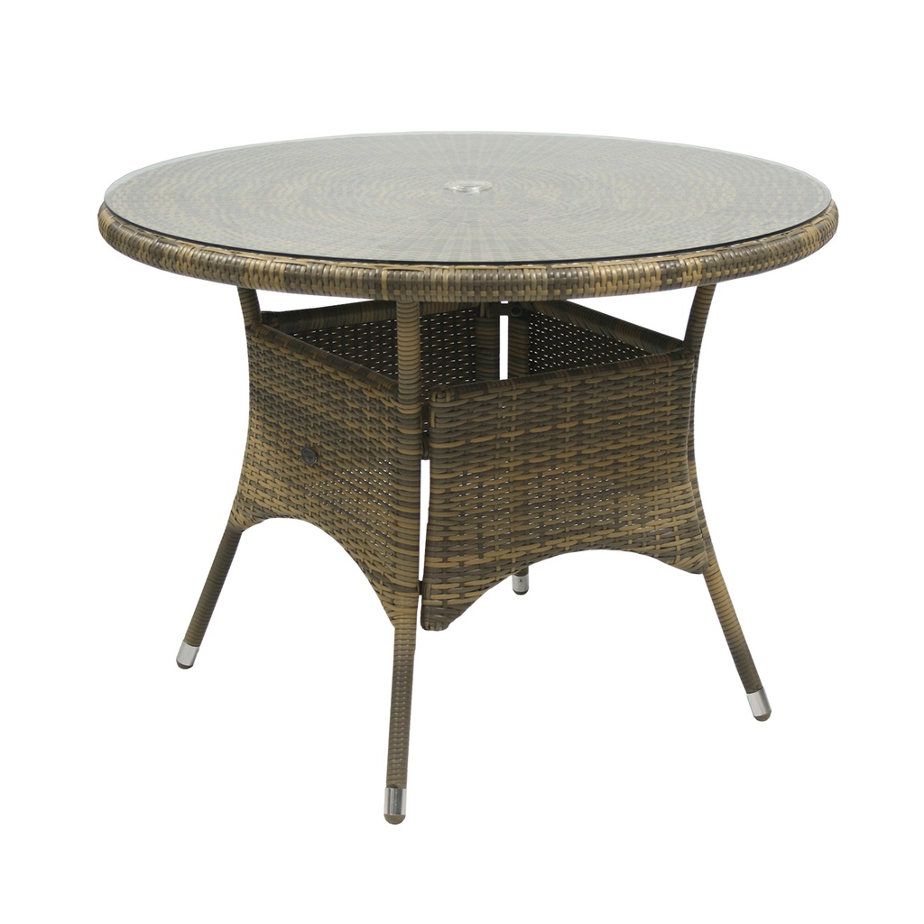 Puutarhapöytä WICKER pyöreä 100cm, alurunko polyrottingilla, pöytälevy lasia, cappuccino