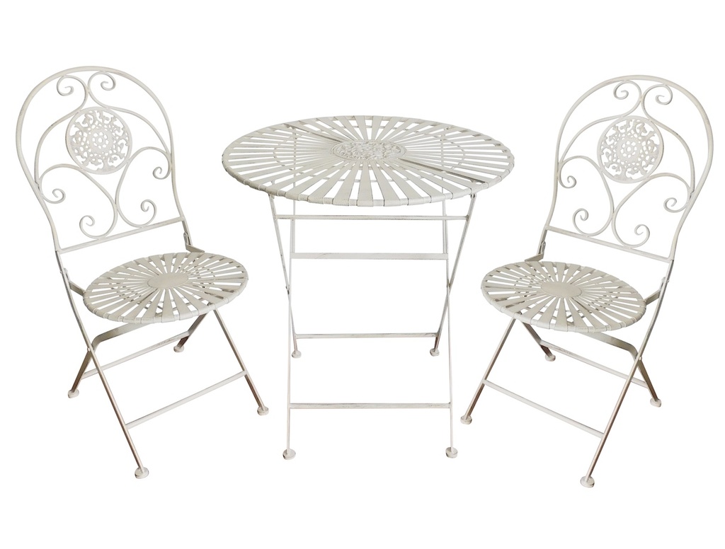 Chic Garden Metallinen Bistro-setti 1, pöytä + 2 tuolia, kokoontaittuva, valkoinen