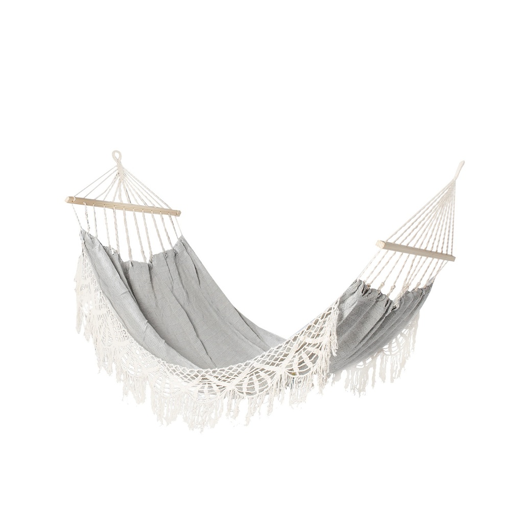 Riippumatto LAZY GREY päätypuilla, puuvillaa, harmaa/valkoinen