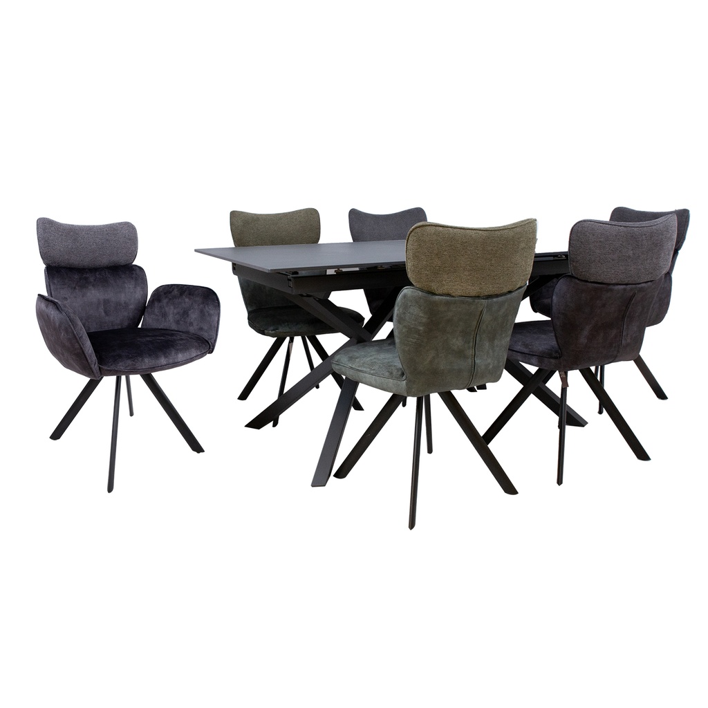 Ruokailuryhmä EDDY pöytä + 6 tuolia, metallijalat, kivikansi, samettiverhoilu, jatkopalalla, musta/tummanharmaa