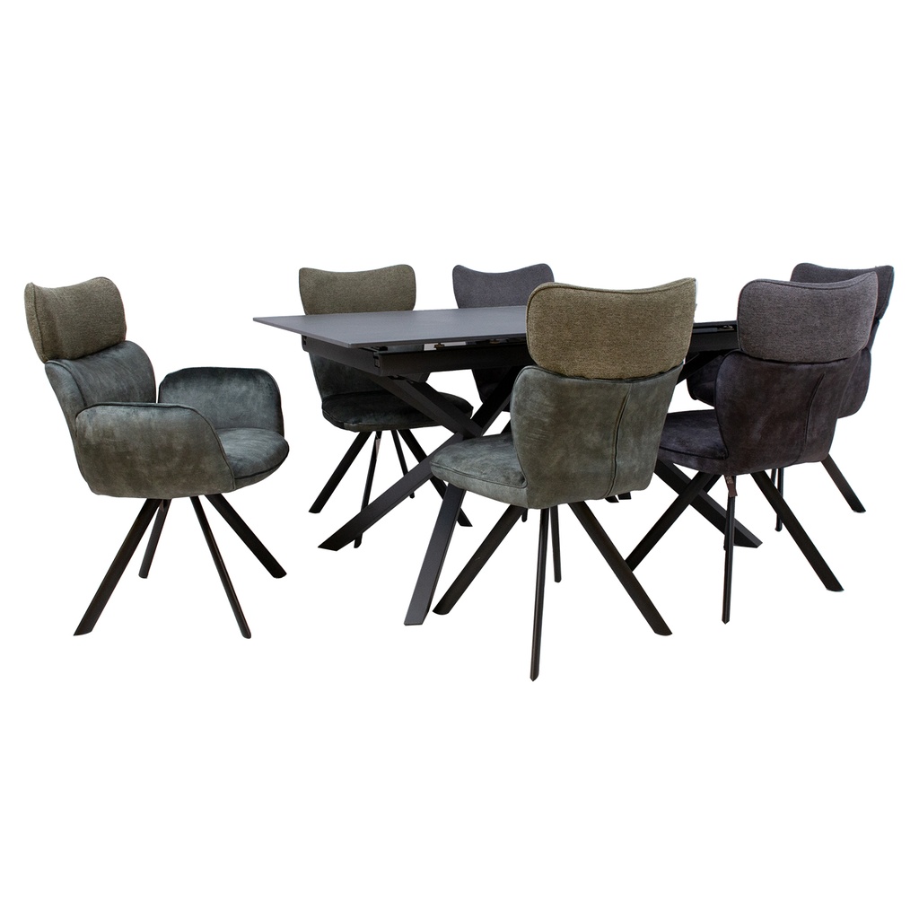 Ruokailuryhmä EDDY pöytä + 6 tuolia, metallijalat, kivikansi, samettiverhoilu, jatkopalalla, musta/tummanvihreä