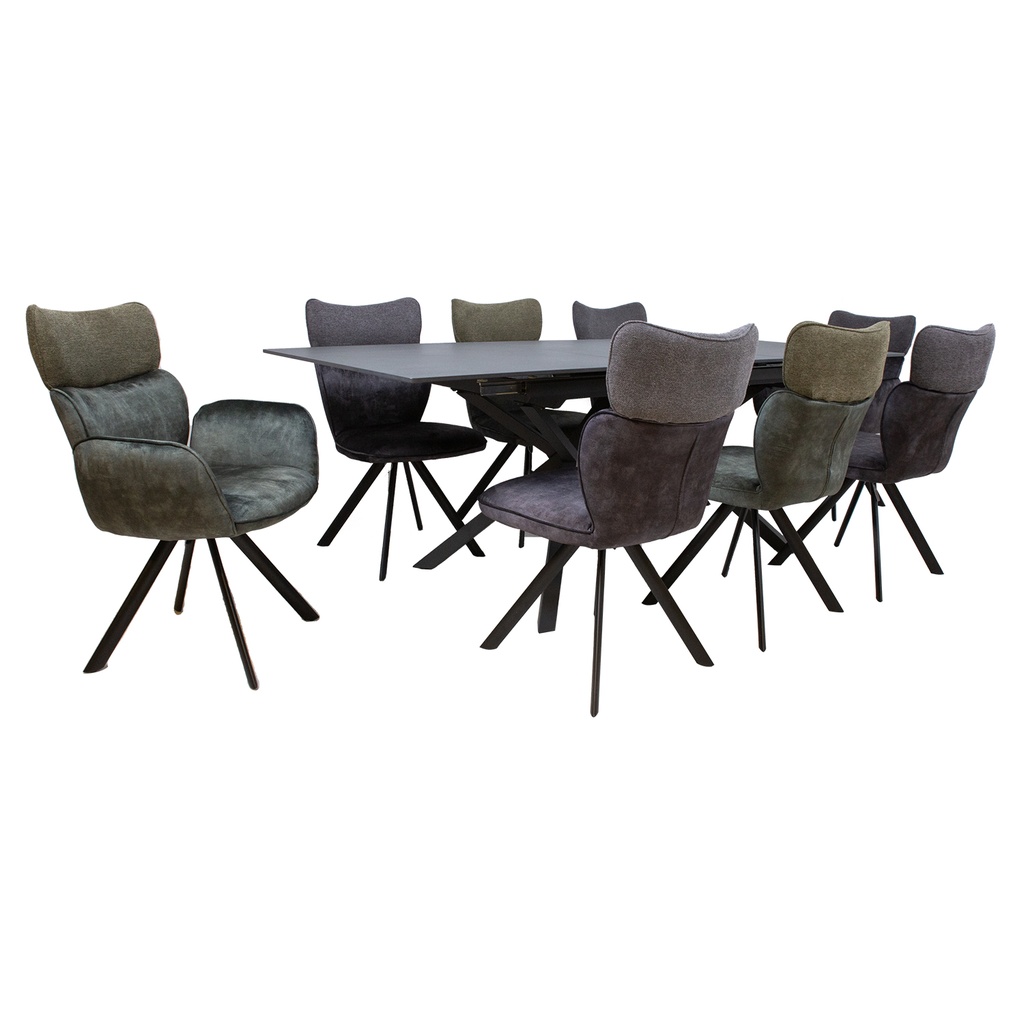 Ruokailuryhmä EDDY pöytä + 8 tuolia, metallijalat, kivikansi, samettiverhoilu, jatkopalalla, musta/tummanvihreä