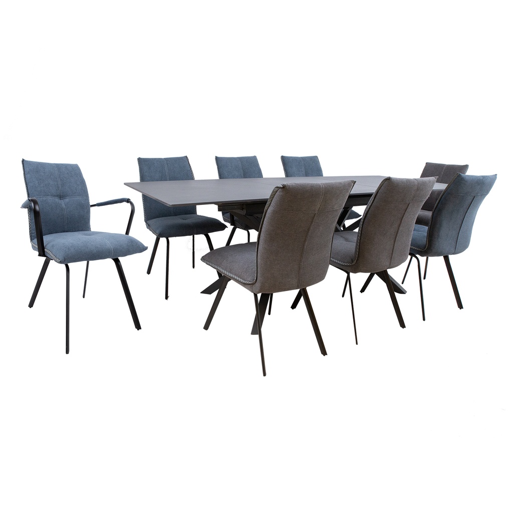 Ruokailuryhmä EDDY pöytä + 8 tuolia, metallijalat, kivikansi, kangasverhoilu, jatkopalalla, musta/sininen