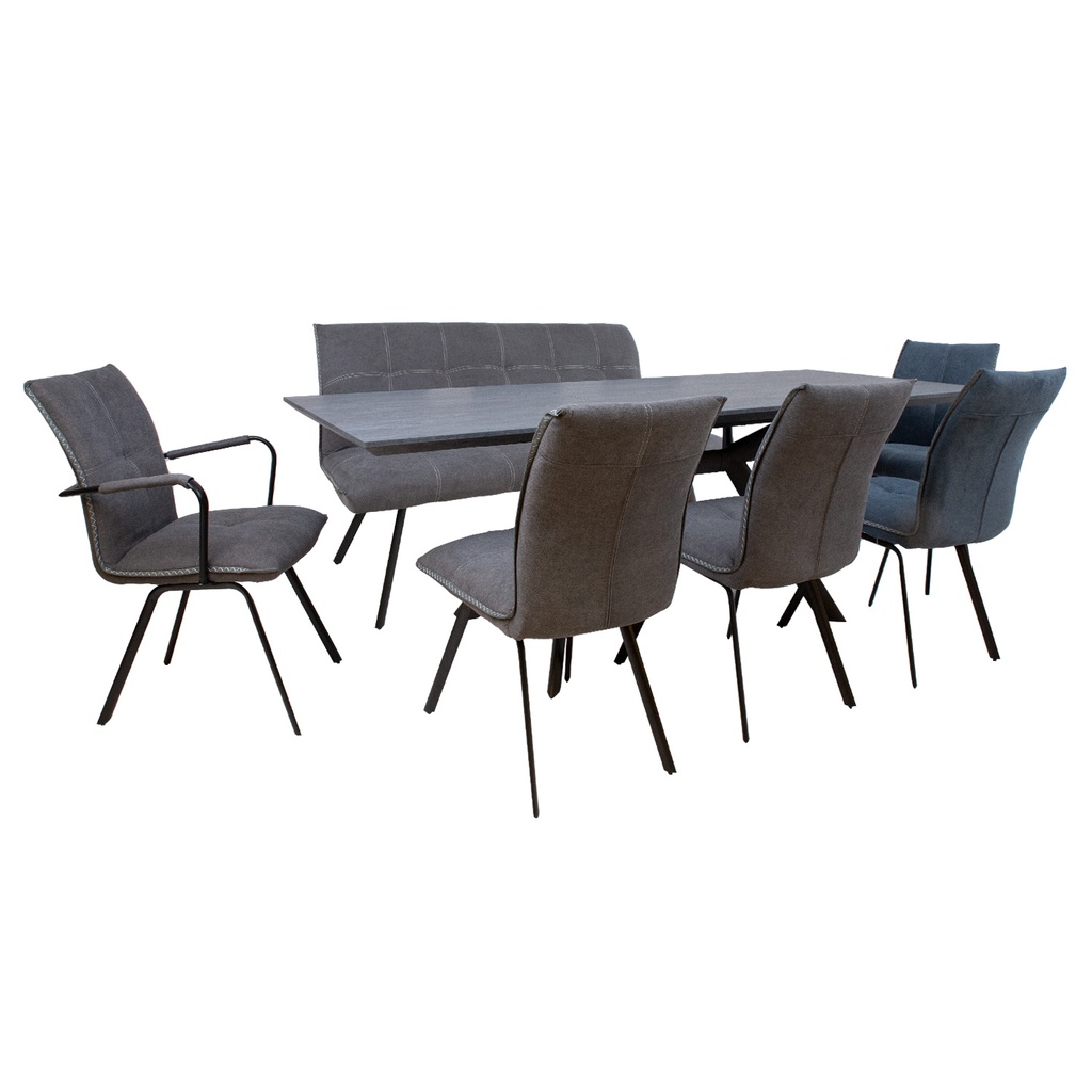Ruokailuryhmä EDDY pöytä + 4 tuolia ja penkillä, metallijalat, kivikansi, kangasverhoilu, jatkopalalla, musta/harmaa