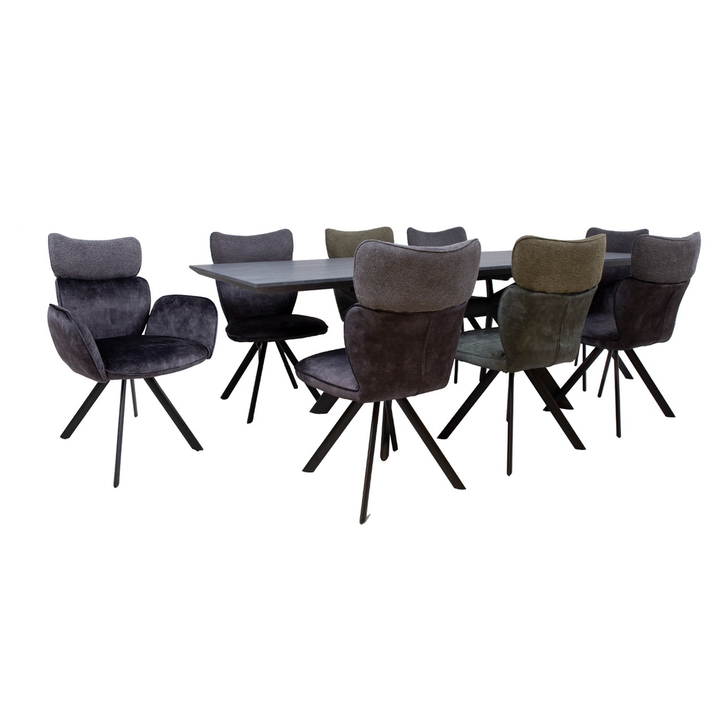 Ruokailuryhmä EDDY-2 pöytä + 8 tuolia, metallijalat, melamiinikansi, samettiverhoilu, jatkopalalla, musta/tummanharmaa