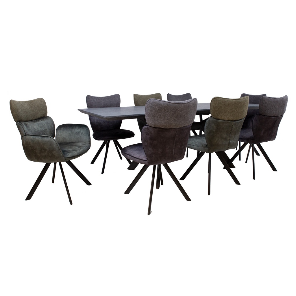 Ruokailuryhmä EDDY-2 pöytä + 8 tuolia, metallijalat, melamiinikansi, samettiverhoilu, jatkopalalla, musta/tummanvihreä