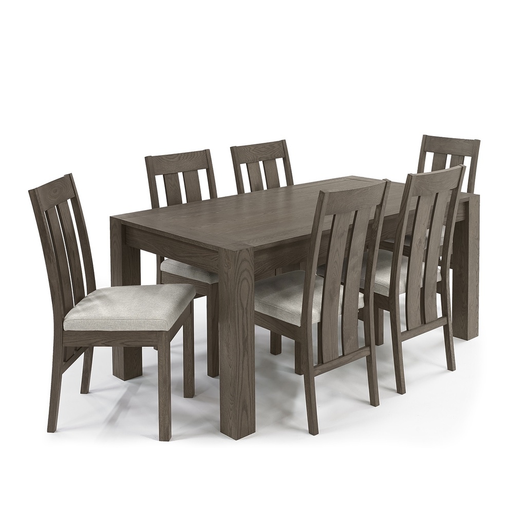 Ruokailuryhmä TURIN pöytä + 6 tuolia, tammirunko, kangasverhoilu, jatkopalalla, tummanruskea/vaaleanbeige