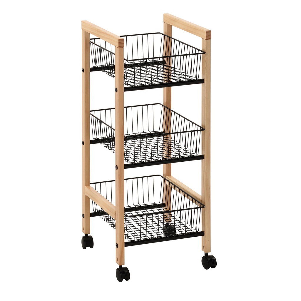 Hyllykkö BREN ”suora” 3 korilla, renkailla, puuta/terästä, beige/musta