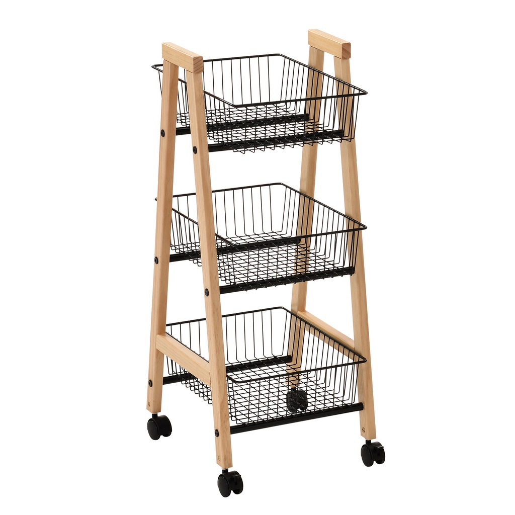 Hyllykkö BREN ”suippo” 3 korilla, renkailla, puuta/terästä, beige/musta