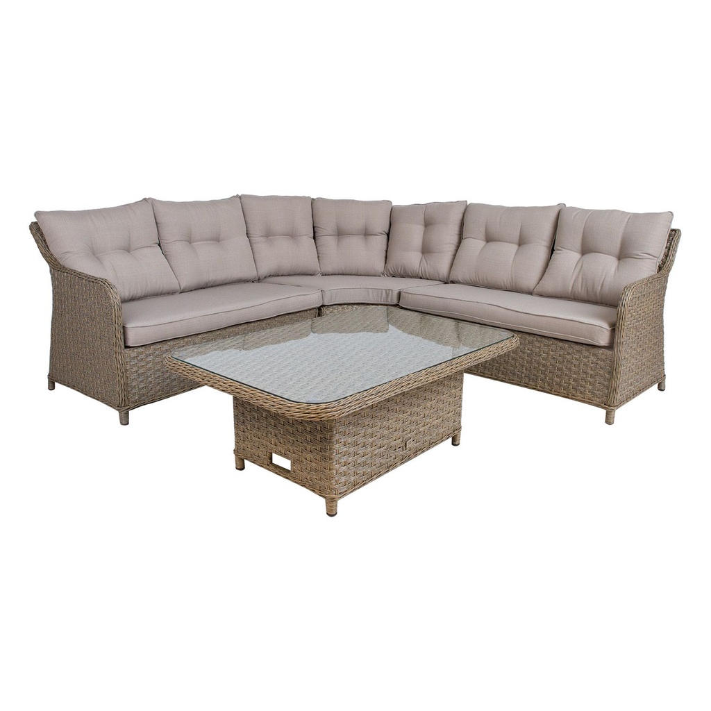 Puutarharyhmä PACIFIC tyynyillä kulmasohva + pöytä, harmaa/beige