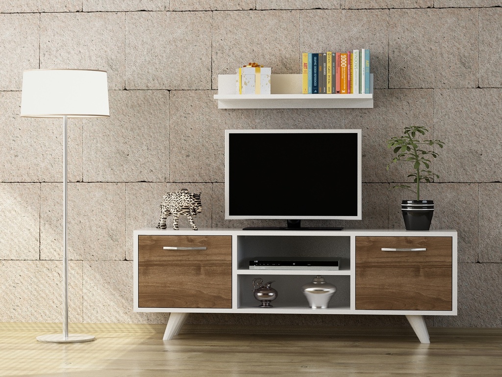 Chic Home Nooa TV-taso 120 cm + seinähylly, valkoinen/ruskea