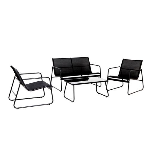 [4741243205475] Puutarharyhmä AIRY penkki + 2 tuolia + pöytä, teräsrunko textilinella, lasilevy, musta