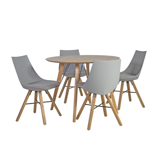 [4741617103642] Ruokailuryhmä HELENA pöytä + 4 tuolia, tammia/muovia, viilutettu, harmaa/ruskea