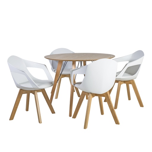 [4741617103604] Ruokailuryhmä HELENA pöytä + 4 tuolia, tammirunko, viilutettu, valkoinen/ruskea