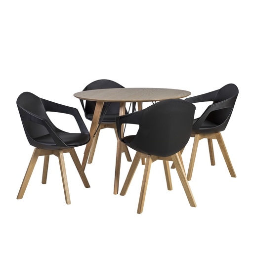 [4741617103680] Ruokailuryhmä HELENA pöytä + 4 tuolia, tammirunko, viilutettu, musta/ruskea