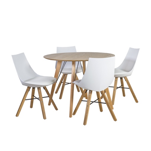 [4741617103529] Ruokailuryhmä HELENA pöytä + 4 tuolia, tammea/muovia, viilutettu, valkoinen/ruskea