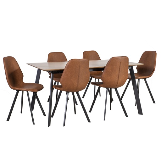 [4741617104625] Ruokailuryhmä HELENA pöytä + 6 tuolia, metallijalat, viilutettu, ruskea/musta