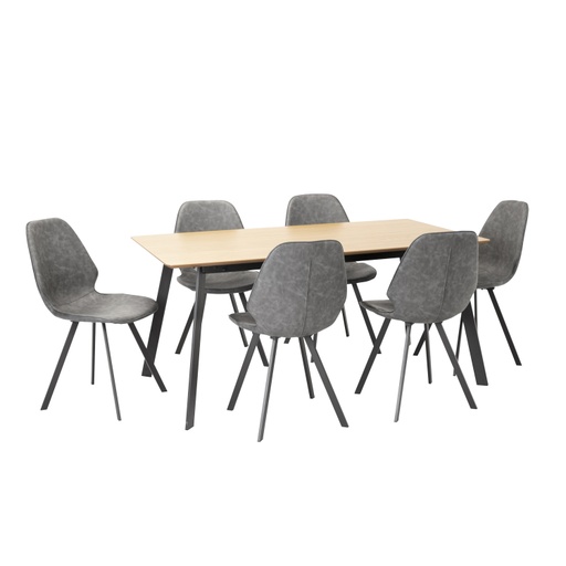 [4741617105608] Ruokailuryhmä HELENA pöytä + 6 tuolia, metallijalat, viilutettu, harmaa/ruskea