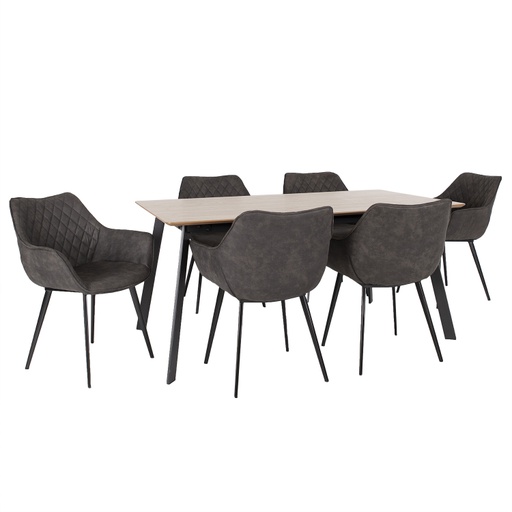 [4741617105745] Ruokailuryhmä HELENA pöytä + 6 tuolia, metallijalat, viilutettu, grafiitti/musta